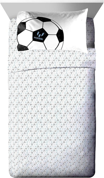 Jay Franco Kids Comforter Set Includes Sheets and Pillow Cover - Soft and Cozy Bed Set for Stylish Room Décor, White - Lionel Messi, 5 Piece Twin