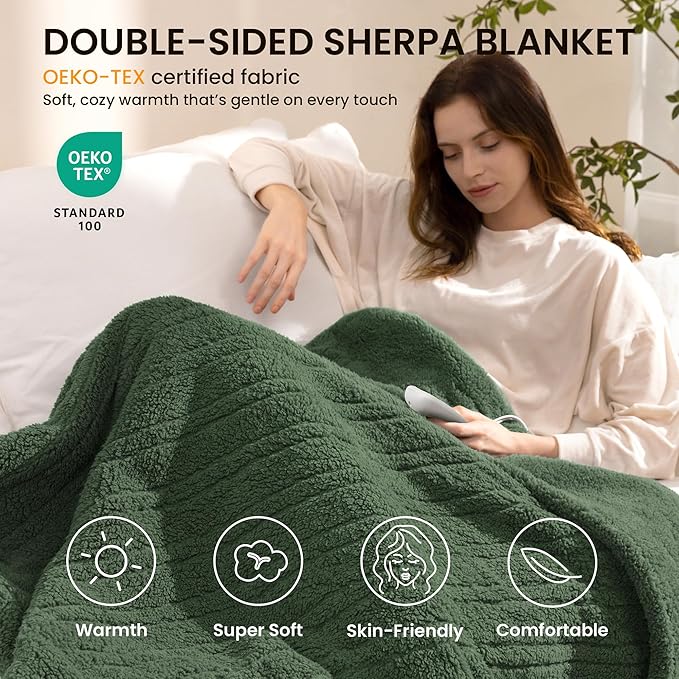 Heated Blanket Electric Blanket Throw - Fast Heating Blanket Throw Double Sided Sherpa Ultra Soft Cozy with 10 Heating Levels & 2-10 Hours Auto Off, Mashine Washable, 50 x 60 Inches, Green