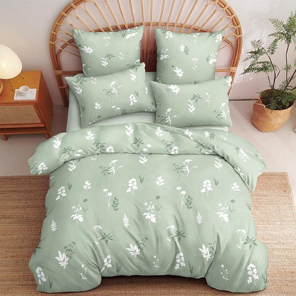 Floral Duvet Cover Queen Size Sage Green Botanical Bedding Set with White Flower 3 Pcs Women Men Romantic Floral Silhouette Ultra Soft Reversible Fall Duvet Cover with Zipper Closure