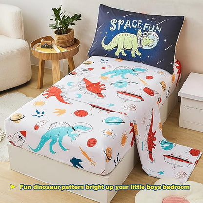 URBONUR 4 PCS Toddler Bedding Set for Boys Space Dinosaur Printed Toddler Comforter Set with Sheets Sets Ultra Soft Bed in a Bag 2-6 Year Old Toddler Bed-in-a-Bag Set