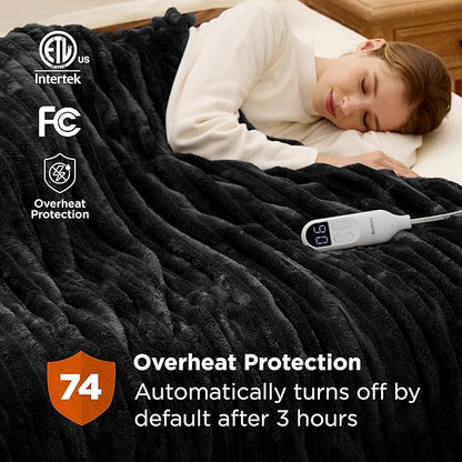 Bedsure Electric Blanket Full Size - Thick Striped Flannel Heated Blanket with 6 Heat Settings, 10 Time Settings, 8-Hour Timer Auto Shut Off, Gifts for Grandma (72x84 inches, Black)