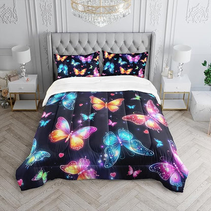 Colorful Gradient Butterfly Comforter 3Pcs Full Tie-Dye Heart Pattern Bedding Set for Kid Teen Girl Boy Adult Sparkling Aesthetics Butterfly Quilt Bed Decor with 1 Comforter and 2 Pillowcases