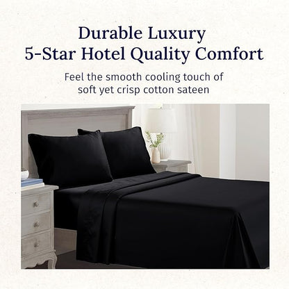 California Design Den King Sheet Set - Luxury 600 Thread Count Sateen, Natural 100% Cotton, Fully Elasticized Deep Pocket King Bed Sheets, Crisp, Cool and Durable Hotel Quality Bedding - Black
