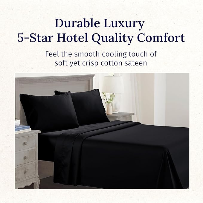 California Design Den Twin XL Sheets Set - Luxury 600 Thread Count Sateen, Natural 100% Cotton Sheets, Fully Elasticized Deep Pockets, Crisp, Cool and Durable Bedding for Dorm Room - Black