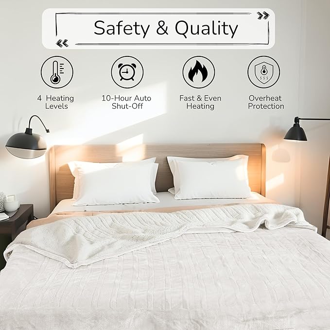 Electric Heated Blanket King Size 90"x100" - Dual-Sided with Microplush & Sherpa Fabric, 4 Heat Settings & 10 Hours Auto Off, Dual Controller, Machine Washable - White