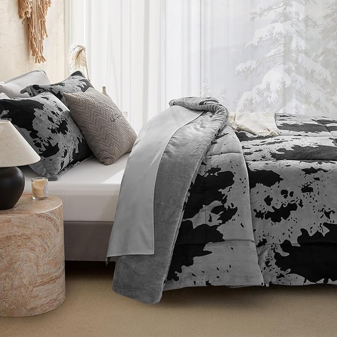 Petrichor Velvet Flannel Twin Comforter Set-Cow Print Western Style Blanket,Luxury Fuzzy Heavy Bedding Set, 2 Pieces Plush Winter Bed Set with Comforter (68"x88") & 1 Pillow Shams (20"x26")