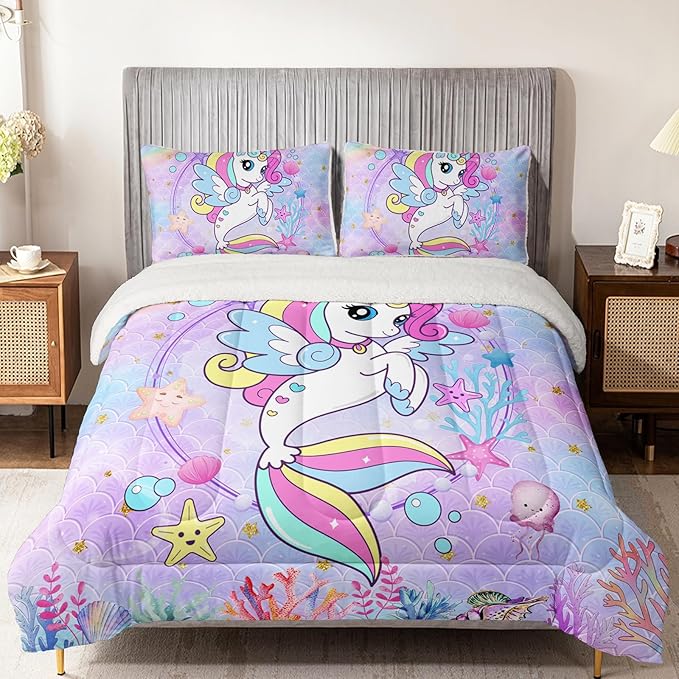 QOOMO Unicorn Sherpa Comforter Set for Girls, Marine Life Soft All Season Down Alternative Bedding Sets, Ultra-Soft Sherpa Full/Queen Comforter Set 3 Piece (1 Comforter and 2 Pillow Shams)