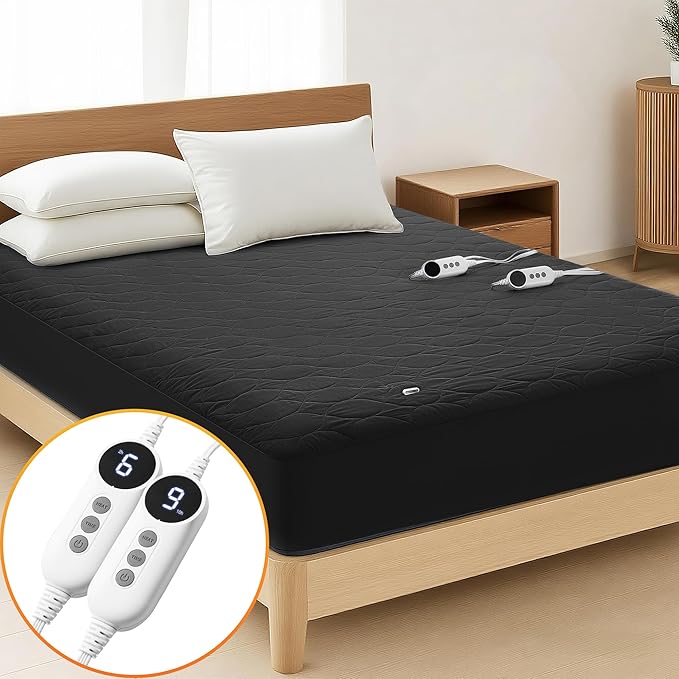MASVIS Heated Mattress Pad Queen Size - Dual Control, 6 Heat Settings & 10-Hour Auto Off, Quilted Electric Bed Cover, Bed Warmer with Deep Pocket | Fast Heating | Machine Washable,Black,60"x80"