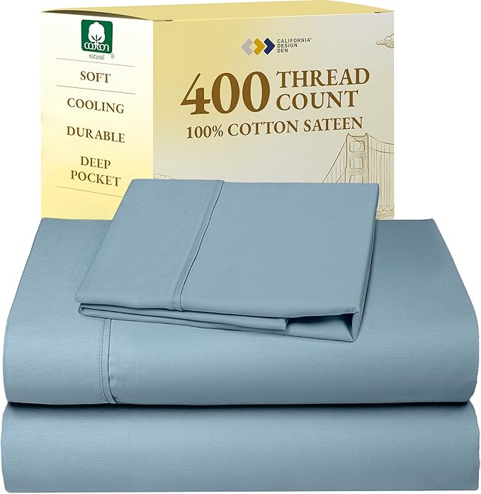 California Design Den Twin XL Sheet Sets - Soft 400 Thread Count Sateen, Natural 100% Cotton Sheets Set with Deep Pockets, and Durable Bedding - Sky Blue
