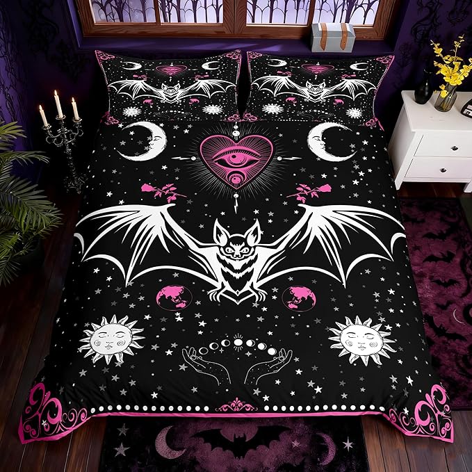 Bat Duvet Cover Set Full Size Sun Moon Starry Galaxy Bedding Set Gothic Style Wild Animals Comforter Cover for Kids Boys Girls Teens Bedroom Decor Pink Floral Exotic Black White Quilt Cover 3Pcs