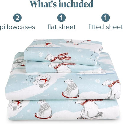 Bare Home Cotton Flannel Sheet Set Prints, 100% Cotton, Velvety Soft Heavyweight - Double Brushed for Softness & Comfort - Deep Pocket - Bed Sheets - Cotton - Flannel - Printed (King, Polar Bears)
