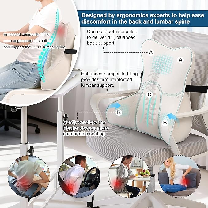 Lumbar Support Pillow – Multi-Functional Ergonomic Back Cushion for Office Chair, Car Seat & Sofa, Reading Pillow with Firm Multi-Zone Support to Relieve Lower Back Pain,Misty White