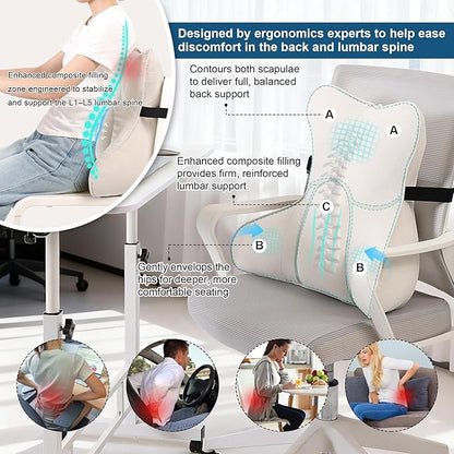Lumbar Support Pillow – Multi-Functional Ergonomic Back Cushion for Office Chair, Car Seat & Sofa, Reading Pillow with Firm Multi-Zone Support to Relieve Lower Back Pain,Misty White