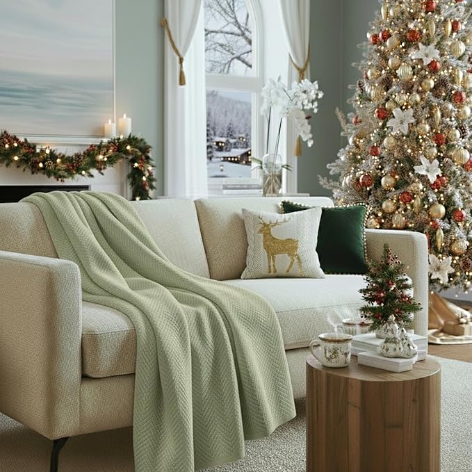 Cloud Scape Linen Herringbone Cotton Throw Blanket for Couch, Bed,Sofa, Home Decor, Soft, Heavy, All-Season, Winter Bed Blanket, Best Gift for Christmas, 50 x 70, Seafoam
