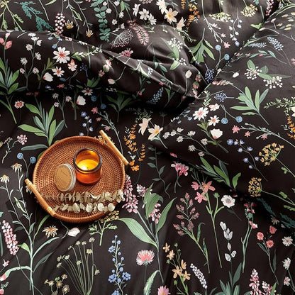 Floral Duvet Cover Queen Black 3 Pieces Elegant Botanical Flower Bedding Set Farmhosue Aesthetic Bedding Soft Microfiber Duvet Cover Set with 2 Pillowcases