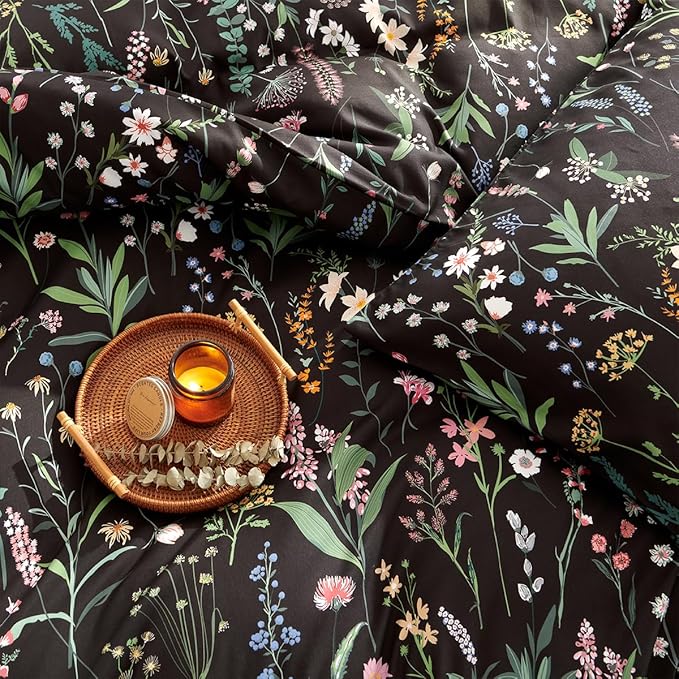 Floral Duvet Cover Twin Black 2 Pieces Elegant Botanical Flower Bedding Set Farmhosue Aesthetic Bedding Soft Microfiber Duvet Cover Set with 1 Pillowcase