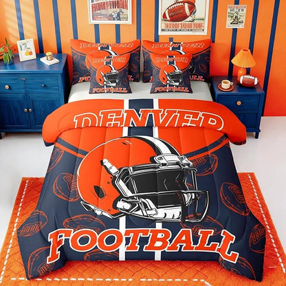 Feelyou Football Comforter Set with Sheets 7 Piece Queen Size Ball Games Bedding Set for Kids Boys Girls Rugby Bed in a Bag City of Footballs Room Decor Rugby Sports Soft Lightweight