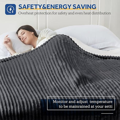 Sealy Electric Blanket Queen Size, Soft Ribbed Flannel to Sherpa Reversible Heated Blanket with Dual Control 10 Heat Settings & 1 to 12 Hours Auto-Off 84"x90" Machine Washable, Charcoal