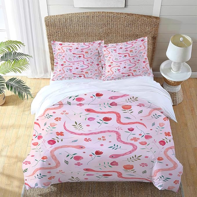Reptiles Snake Theme 3 Pieces Duvet Cover Comforter Set with 2 Pillowcase Full Size Snake Flower Bed Sheet Quilt Bedroom Bedding for Lover Kids