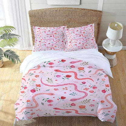 Reptiles Snake Theme 3 Pieces Duvet Cover Comforter Set with 2 Pillowcase Queen Size Snake Flower Bed Sheet Quilt Bedroom Bedding for Lover Kids