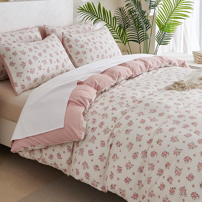 Jane yre Queen Size Duvet Cover Floral Soft Brushed Microfiber Crinkle Gauze Fabric 3 Pieces Floral Bedding Set for All-Season Garden Duvet Cover with Zipper Closure, Luxury Breathable Comfy