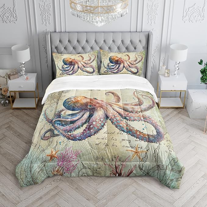 Retro Octopus Comforter Set Twin Size 3Pcs Nautical Coastal Compass Bedding Set Starfish Jellyfish Seaweed Quilt Bed Set for Boys Girls with 1 Comforter and 2 Pillowcases
