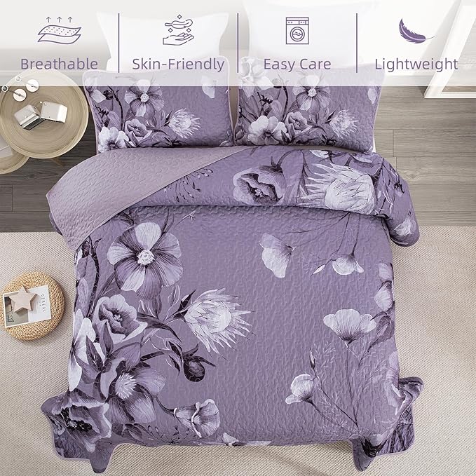 Floral Quilt Set King Size Bedding Set 3 Pieces Dark Purple Boho Floral Quilt Bedspread Soft Microfiber Lightweight Flower Coverlet Set with 2 Pillow Shams for All Season 90"x104"