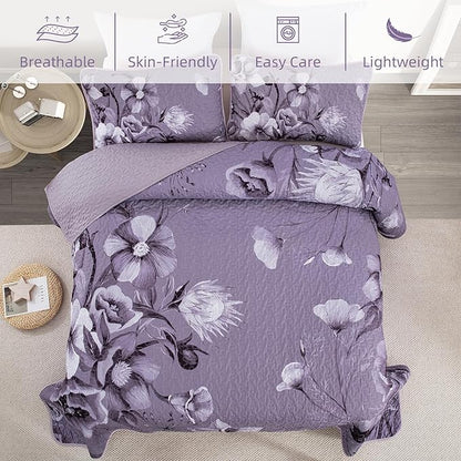 Floral Quilt Set King Size Bedding Set 3 Pieces Dark Purple Boho Floral Quilt Bedspread Soft Microfiber Lightweight Flower Coverlet Set with 2 Pillow Shams for All Season 90"x104"