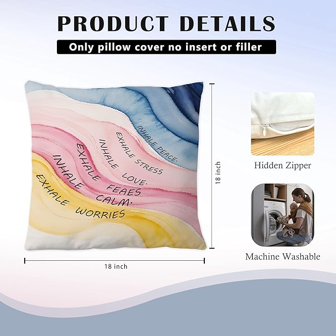 Inhale Exhale Mental Health Pillow Covers 18x18, Watercolor Abstract Mindfulness Inspirational Throw Pillow Covers for Therapy Counseling Office Calming Corner Yoga Meditation Room Bedroom