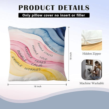 Inhale Exhale Mental Health Pillow Covers 18x18, Watercolor Abstract Mindfulness Inspirational Throw Pillow Covers for Therapy Counseling Office Calming Corner Yoga Meditation Room Bedroom