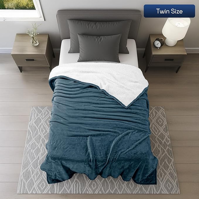 Utopia Bedding Sherpa Blanket Twin Size (Stone Blue, 90x66 Inches) - Soft Lightweight Plush Fleece Reversible Blanket for Bed, Sofa, Couch, Camping and Travel
