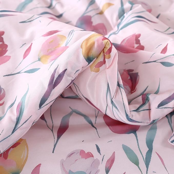 SDIII Pink Floral Queen Comforter Set 3 Pieces, Silky Breathable Microfiber and Spandex, Pink Floral Bedding Queen for Girls Boys Kids and Teens