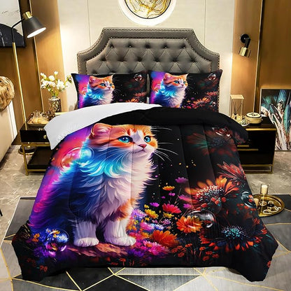 Cartoon Kawaii Cat Comforter Set Twin Size 3D Animals Flower Toddler Bedding Set Cat Lovers Animal Bubble Design Quilt Bed Set for Girls Kids Teens