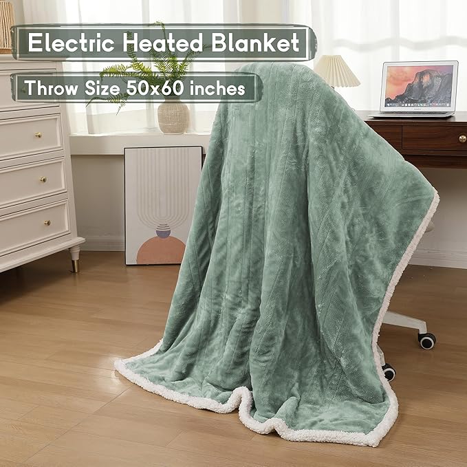 Heated Blanket Electric Throw 50''x60'', 3 Hour Auto Shut-Off 6 Heating Levels Small Warm Soft Flannel Electric Blanket Machine Washable - Light Green