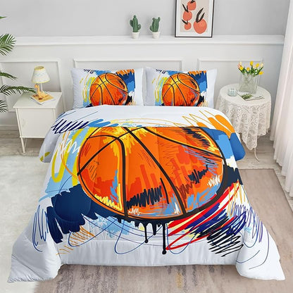 Basketball Comforter Set Hand Drawn Basketball Sports Comforter Sets Quilt with 1 Comforter and 2 Pillowcases for Kids Boys Girls Bedroom All Season（Basketball-3 Queen）