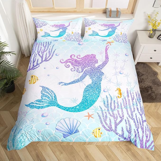 Castle Fairy Mermaid Duvet Cover Set Queen Size Rainbow Watercolor Glitter Bedding Set for Kids Girls Women Teens Room Decor, Mermaid Fish Scale Comforter Cover Ocean Coral Shell Quilt Cover 3pcs