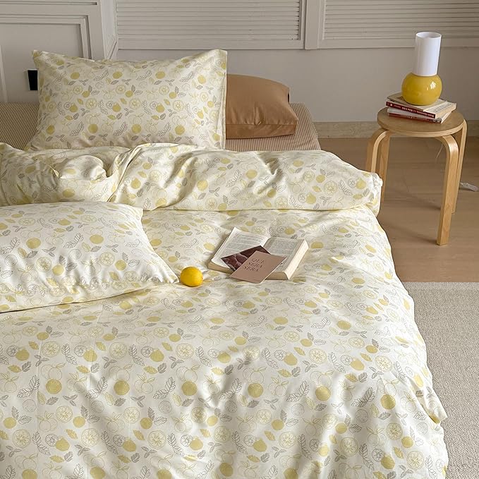 AOJIM Kids Adults Aesthetic Duvet Cover Set for Room Decor, Pure Cotton Comforter Cover Set 3pcs with Yellow Lemon Pattern, 1 Soft Quilt Cover Queen Size and 2 Matching Pillowcases, No Comforter