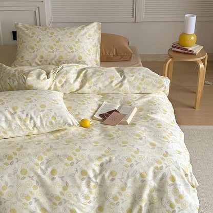 AOJIM Aesthetic Fruit Pattern Duvet Cover Set for Kids Adults, Super Soft 100% Cotton Comforter Cover Set 3pcs, 1 Yellow Lemon Quilt Cover King Size and 2 Matching Pillowcases for Room Decor, No Quilt