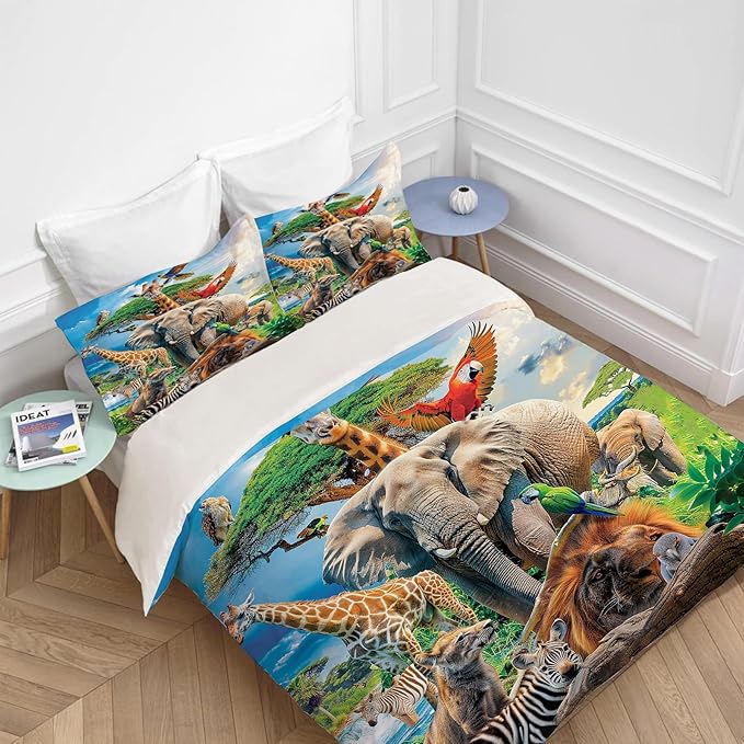 Funny Animals Bedding Set 3 Pieces Soft Lightweight Microfiber Zoo Print Bedspread Coverlet Set Jungle Elephant Giraffe Duvet Cover Twin Full Queen King Comforter Bed Set for Girls Boy Women Men
