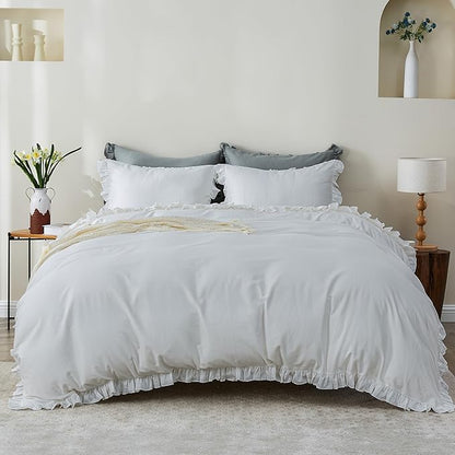 Simple&Opulence Kids 100% Organic Cotton Full Duvet Cover Ruffle 3Pcs(1 Comforter Cover 2 Pillowcases) Cute Lace Vintage Boho Shabby Chic Farmhouse Bedding Set Teen Girls(White, Full)