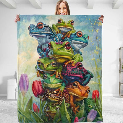 Vintage Tree Frog Blanket,Decorative Throw with Colorful Animal and Tulip Flower,Lightweight Flannel Blankets for Picnic,Camping,Travel,Ideal Gifts for Kids Adults Nature Lovers 50"x60"
