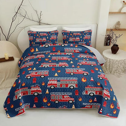 QOOMO Fire Truck Quilt Set Full/Queen Size,Fire Truck Bedspread Coverlet Set,Truck 3Pcs Bedding Set Printed Quilt with 2 Pillowcases,Soft and Lightweight,for All Seasons