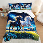 Western Bedding Sets Queen Size,Farmhouse Animal Theme Prairie Galloping Horse Comforter Set for Kids Girls Boys Room Decor,Dreamy Starry Sky Background Bedding Set with 2 Pillowcases.