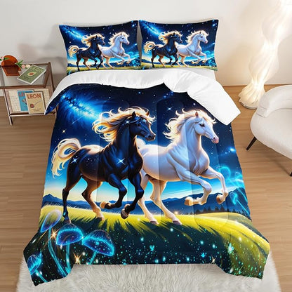 Western Bedding Sets King Size,Farmhouse Animal Theme Prairie Galloping Horse Comforter Set for Kids Girls Boys Room Decor,Dreamy Starry Sky Background Bedding Set with 2 Pillowcases.