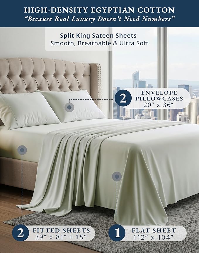 LANE LINEN 100% Egyptian Cotton Split King Bed Sheets for Adjustable Beds, Eco Friendly Sustainably Produced No Pill Fade Resistant 15 Iinch Deep Pocket Split King Sheet Set - Mineral