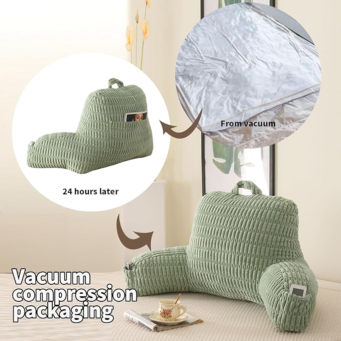 Reading Pillow for Sitting in Bed, Large Backrest Reading Pillow with Arm Rest,Back-Rest Support Cushion for Sit Up on Couch, Sofa, and Floor, Dorm Essentials (Green Corduroy, Large(19"))