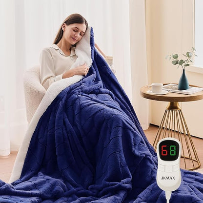 Heated Electric Blanket- Electric Throw Blanket 84"x90" for Bed-5 Heating Levels& 4 Hours Auto Off for Couch Home Office - Soft Faux Fur Fabric for Full Body(Blue)