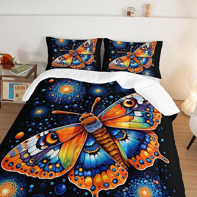 Gothic Butterfly Bedding Set Full Size,Colorful Granular Ball Printed Bedding Comforter Sets,Insect Themed Comforter Set for Kids Girls Boys,Aesthetic Bedding Sets with 2 Pillowcases.