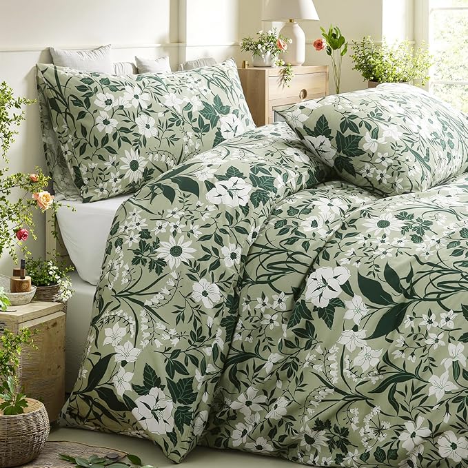 Green Floral Duvet Cover King 100% Cotton Decorative Emerald Duvet Cover 3 Pcs Set Dark Green Botanical Duvet Cover with Zipper Ties 2 Pillowcases Tropical Floral Bedding