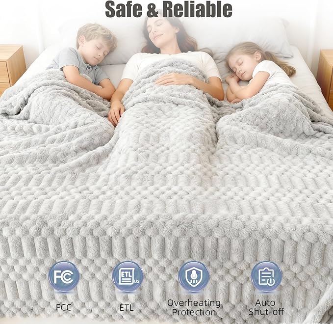 Heated Blanket King Size, 90“x100 Electric Blanket Heating with Dual Controllers, Fast Heating with 12 Heat Levels & 12 Hours Auto Off, with ETL & FCC for Bed(Light Gray)